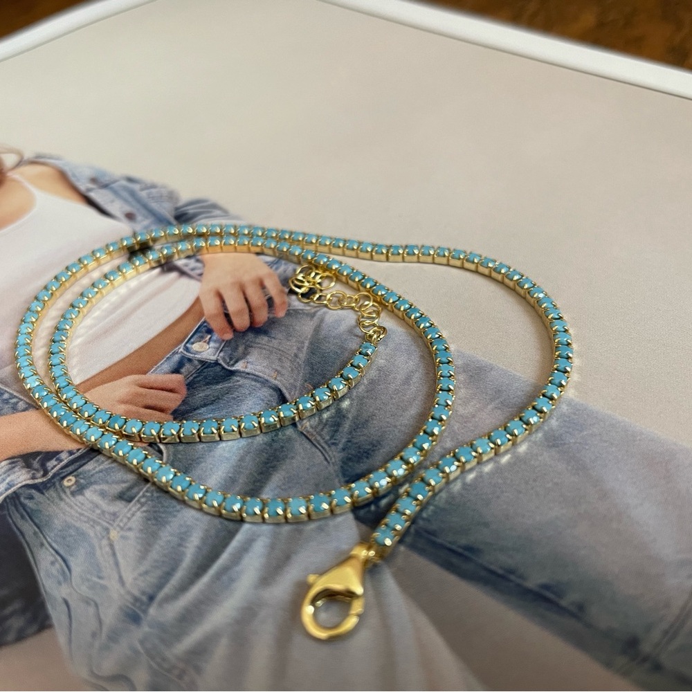 Gold turquoise tennis necklace, tennis choker, tennis necklace